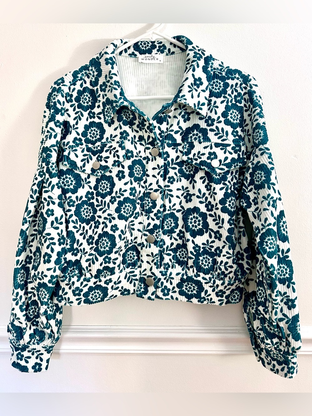 Emily Wonder Floral Corduroy Trucker Jacket Small Green White Cropped Shacket